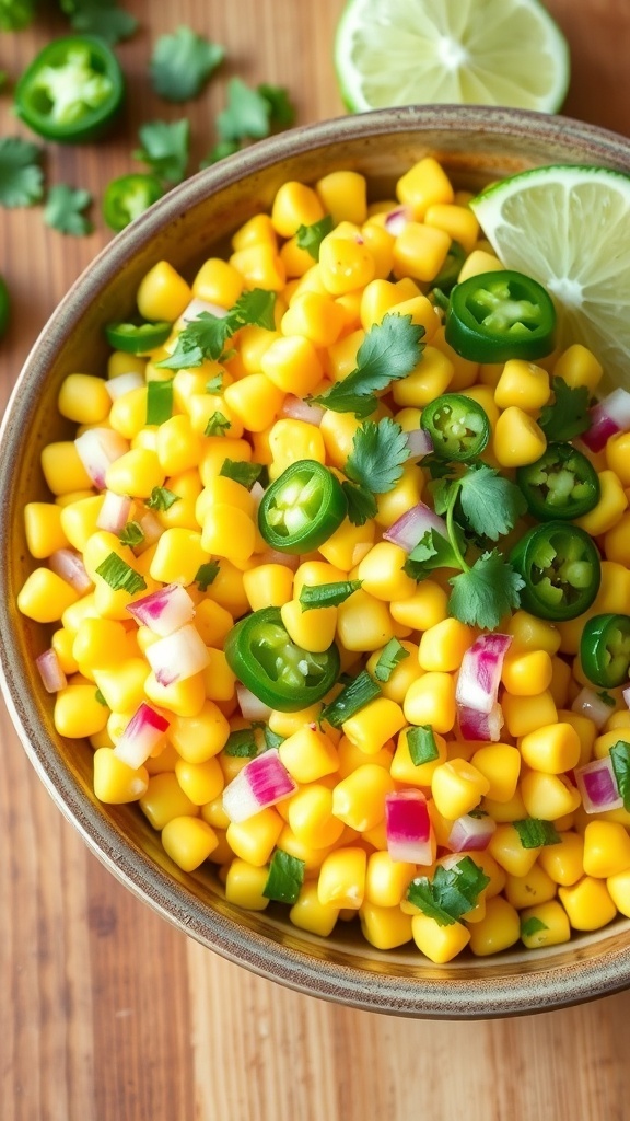 A vibrant bowl of corn and jalapeño salad with cilantro and lime wedges on a wooden table.